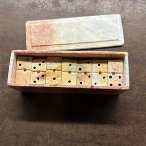 Vintage Domino Set Marble in Hand Carved Box